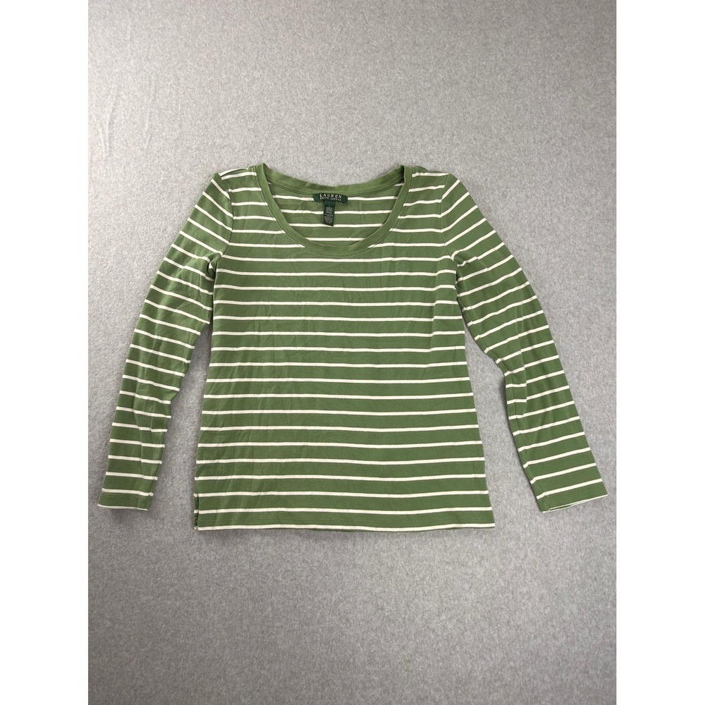 Lauren Ralph Lauren Green White Striped Long Sleeve Cotton Scoop Neck Top Large
